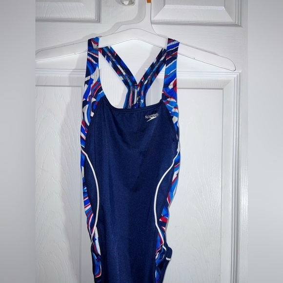 SPEEDO Racing Racer back Womens Bathing Suit Swimsuit Navy Blue White - Picture 2 of 8